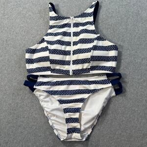 Venus High Neck Zip front Bikini Swimsuit Size 14 Navy/White Sailboat Stripe
